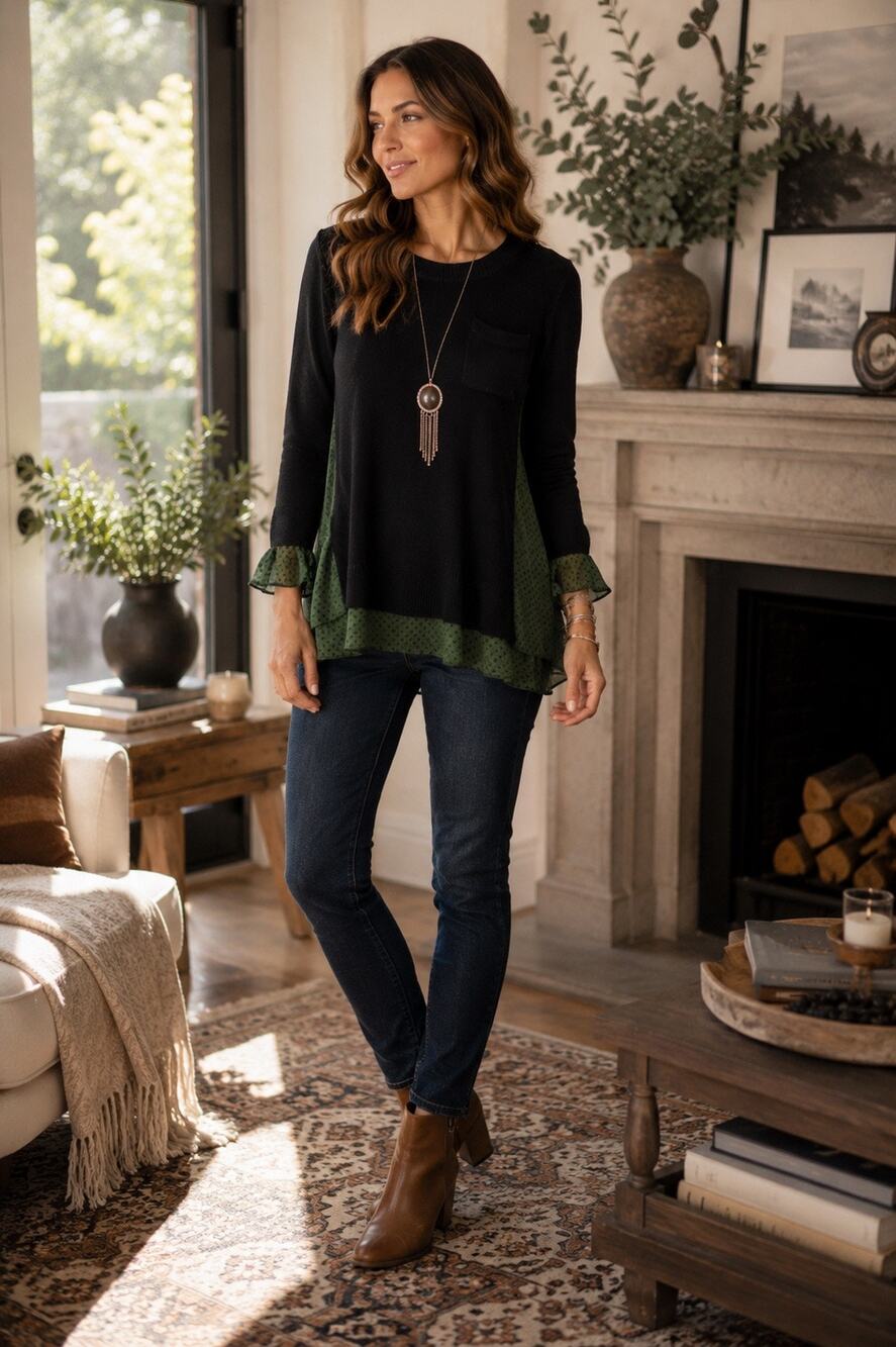 CAbi Black & Green Layered Knit Chiffon Tunic Sweater Top Size Small